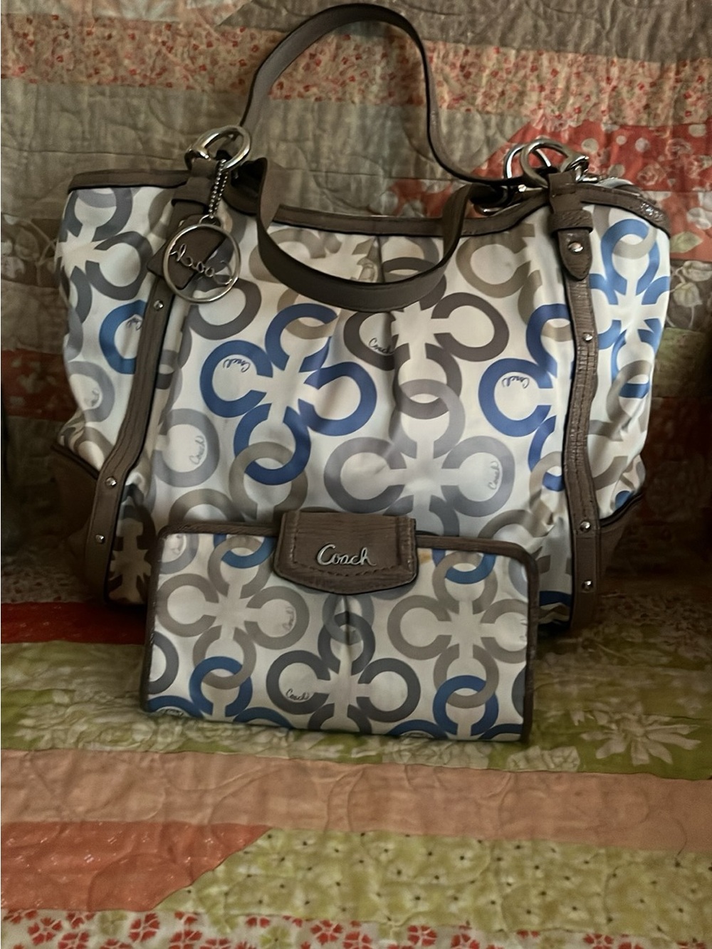 Coach Blue, Gray & White Signature Tote with Matching Pouch